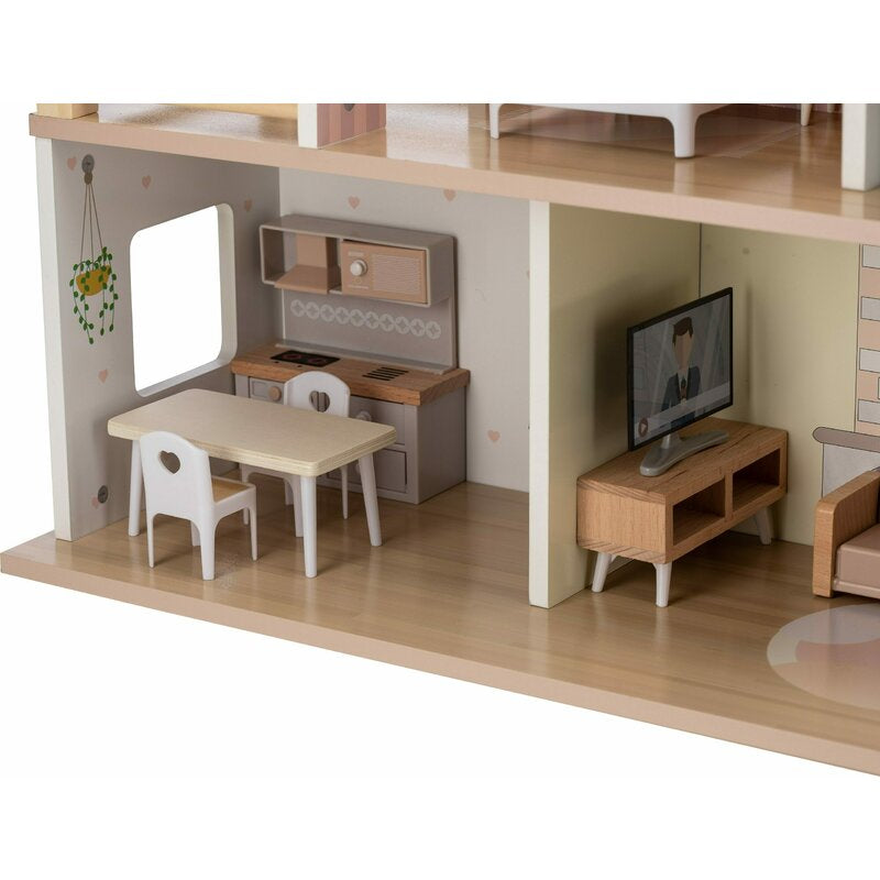 Casuta de papusi, Free2Play, Din lemn, Cu 13 piese de mobilier, Cu acces facil, 52 x 19,5 x 40 cm, 36 luni+, Multicolor