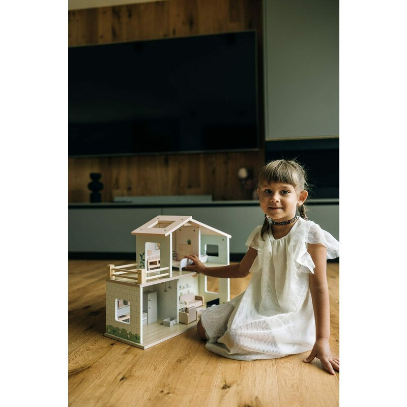 Casuta de papusi, Free2Play, Din lemn, Cu 13 piese de mobilier, Cu acces facil, 52 x 19,5 x 40 cm, 36 luni+, Multicolor