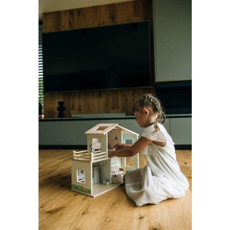 Casuta de papusi, Free2Play, Din lemn, Cu 13 piese de mobilier, Cu acces facil, 52 x 19,5 x 40 cm, 36 luni+, Multicolor