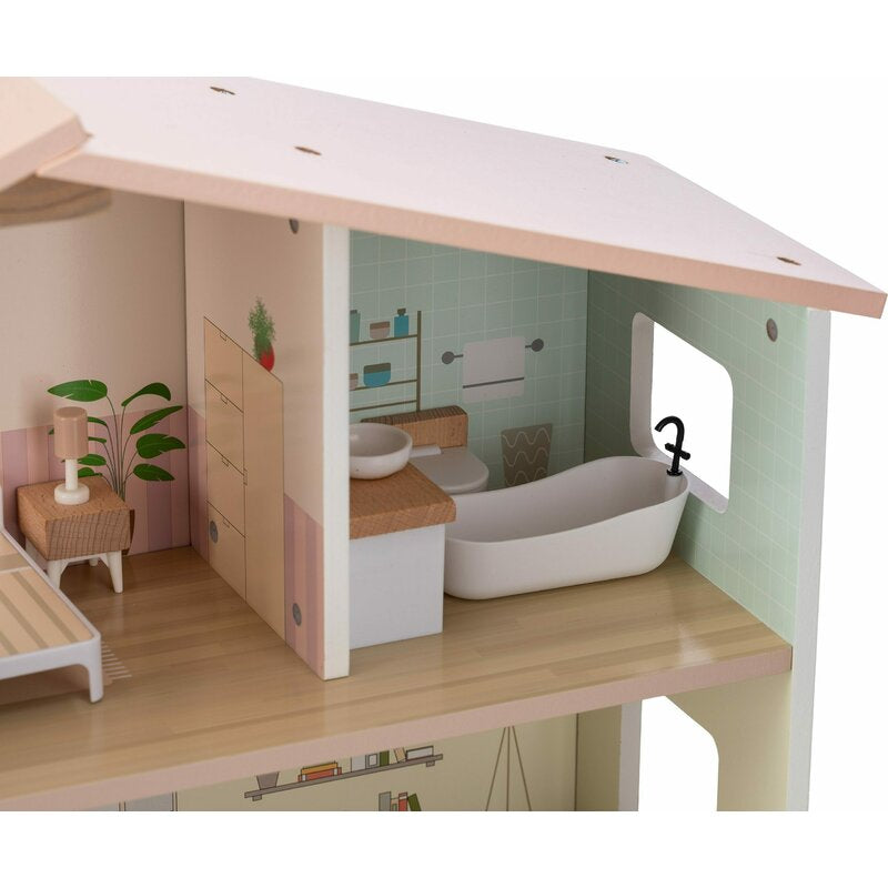 Casuta de papusi, Free2Play, Din lemn, Cu 13 piese de mobilier, Cu acces facil, 52 x 19,5 x 40 cm, 36 luni+, Multicolor