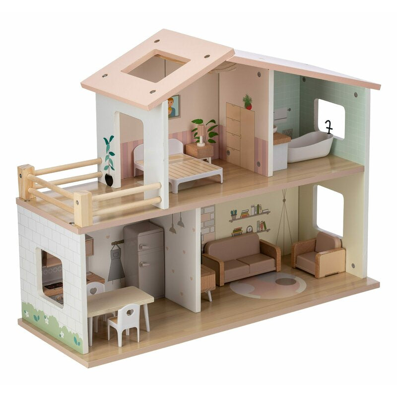 Casuta de papusi, Free2Play, Din lemn, Cu 13 piese de mobilier, Cu acces facil, 52 x 19,5 x 40 cm, 36 luni+, Multicolor