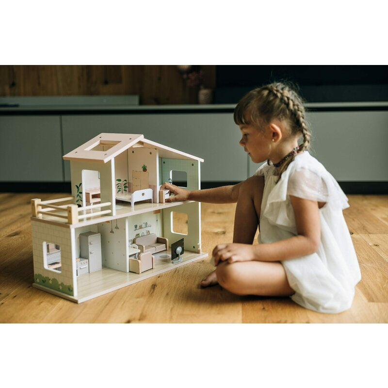 Casuta de papusi, Free2Play, Din lemn, Cu 13 piese de mobilier, Cu acces facil, 52 x 19,5 x 40 cm, 36 luni+, Multicolor