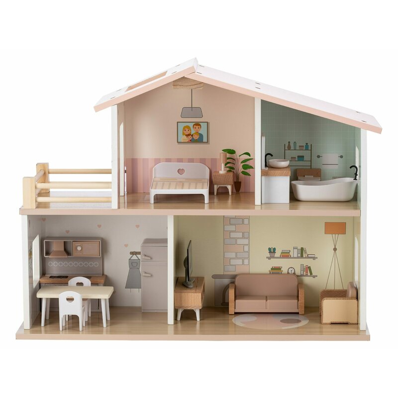 Casa de papusi din lemn Free2Play cu 13 piese de mobilier