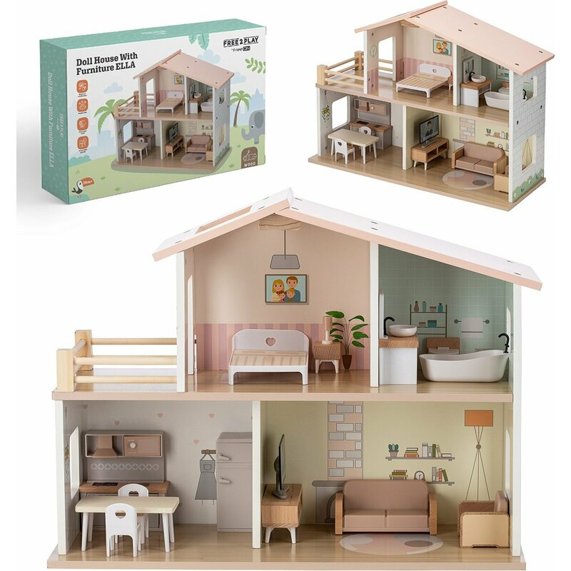 Casa de papusi din lemn Free2Play cu 13 piese de mobilier