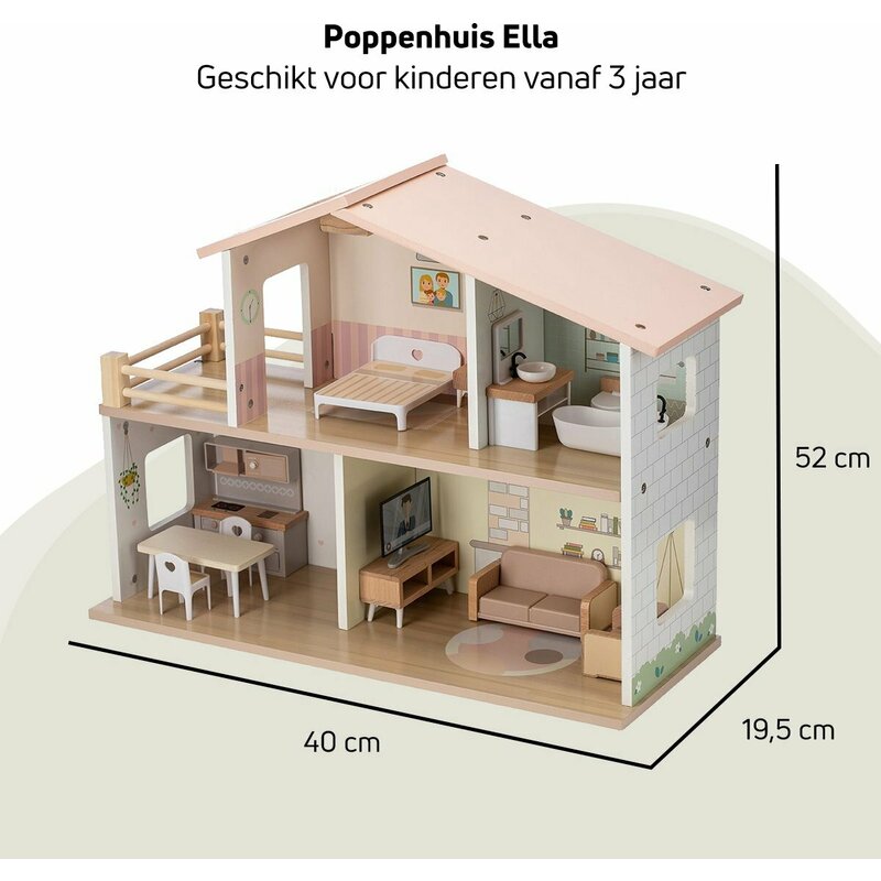 Casa de papusi din lemn Free2Play cu 13 piese de mobilier