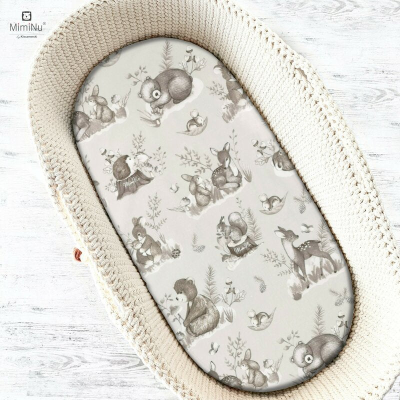 Cearșaf cu elastic MimiNu 80x35 cm pentru landou, model Calm Forest Beige