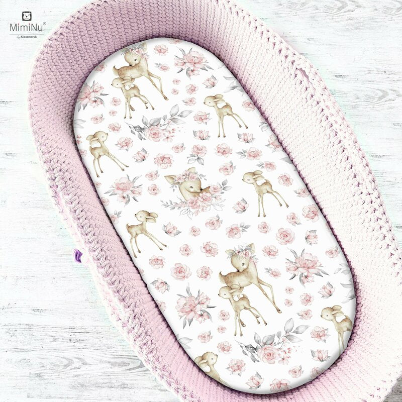 Cearșaf cu elastic MimiNu 80x35 cm pentru landou, model Sweet Deer Pink