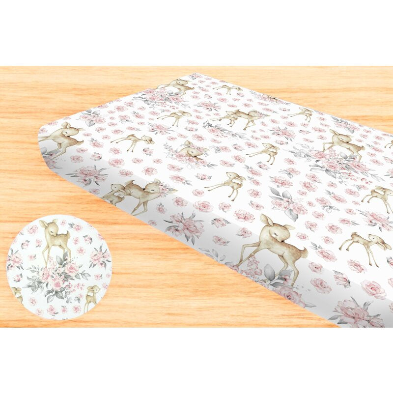 Cearceaf cu elastic, MimiNu, Pentru pat 160x80 cm, Din bumbac certificat Oeko Tex Standard 100, Sweet Deer Pink