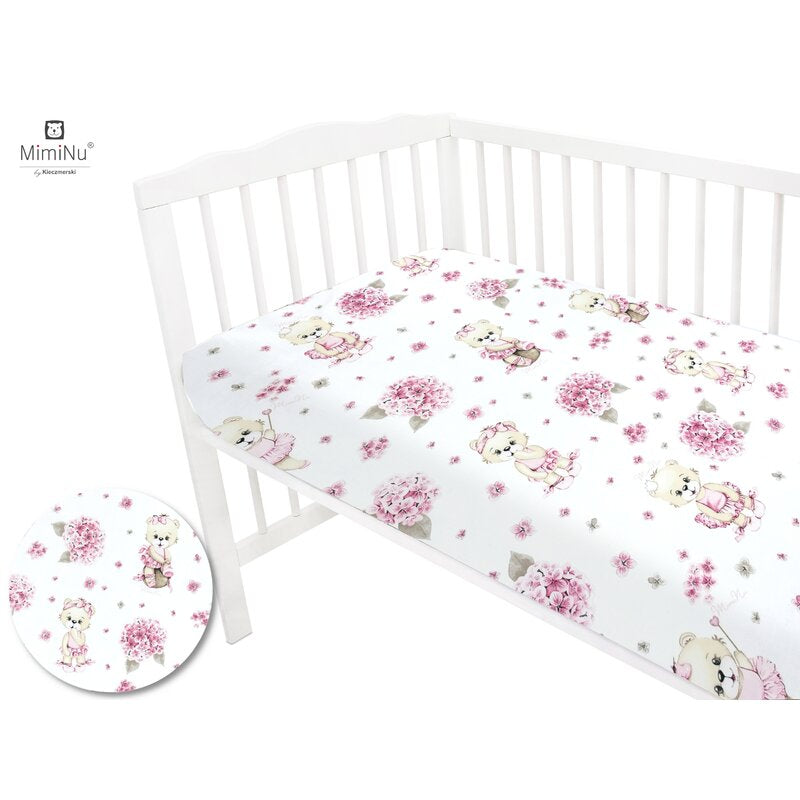 Cearceaf cu elastic, MimiNu, Pentru patut 120X60 cm, Din bumbac certificat Oeko Tex Standard 100, Design, Pink Ballerina