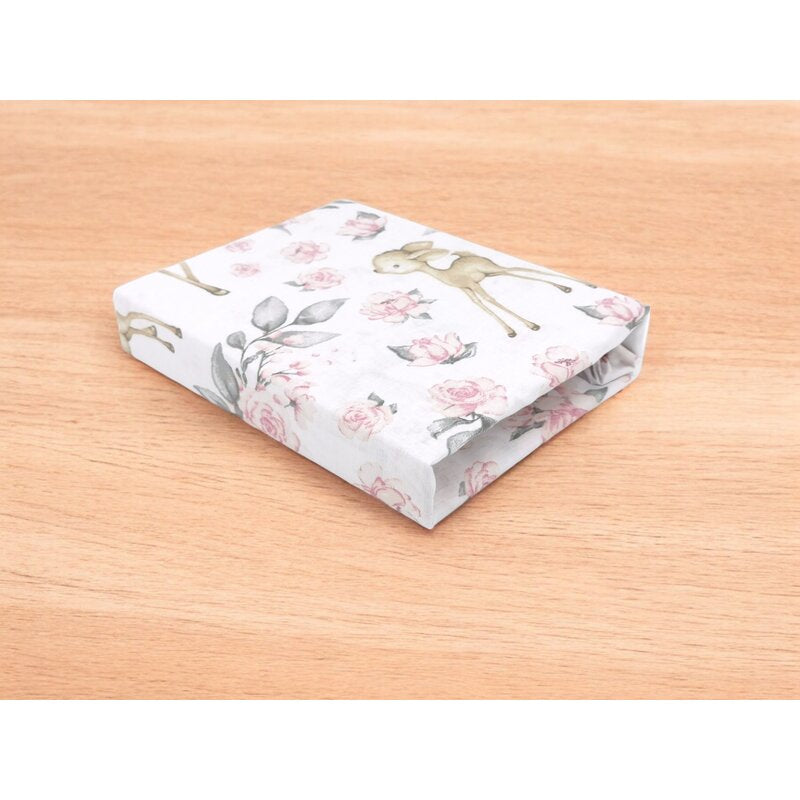 Cearceaf cu elastic, MimiNu, Pentru patut co-sleeper, Luna, Dimensiune 84.5 x 50.5 cm, Din bumbac certificat Oeko Tex Standard 100, Sweet Deer Pink