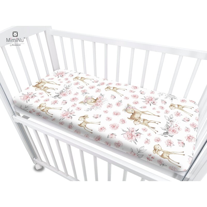 Cearceaf cu elastic, MimiNu, Pentru patut co-sleeper, Luna, Dimensiune 84.5 x 50.5 cm, Din bumbac certificat Oeko Tex Standard 100, Sweet Deer Pink