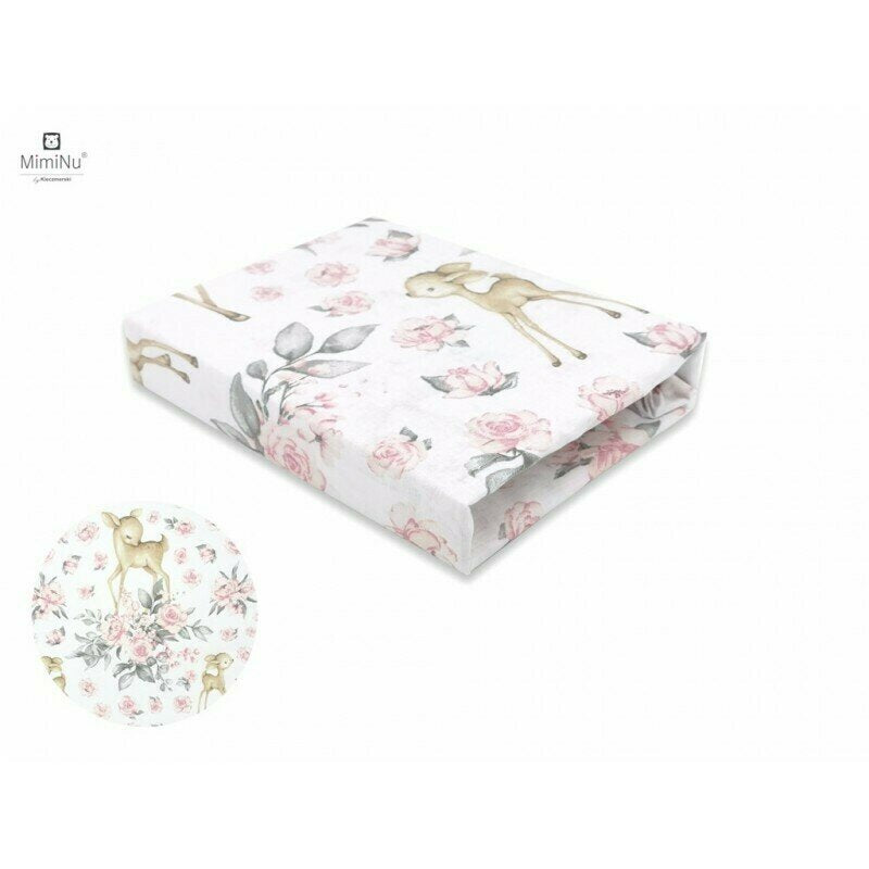Cearceaf cu elastic, MimiNu, Pentru patut co-sleeper, Luna, Dimensiune 84.5 x 50.5 cm, Din bumbac certificat Oeko Tex Standard 100, Sweet Deer Pink