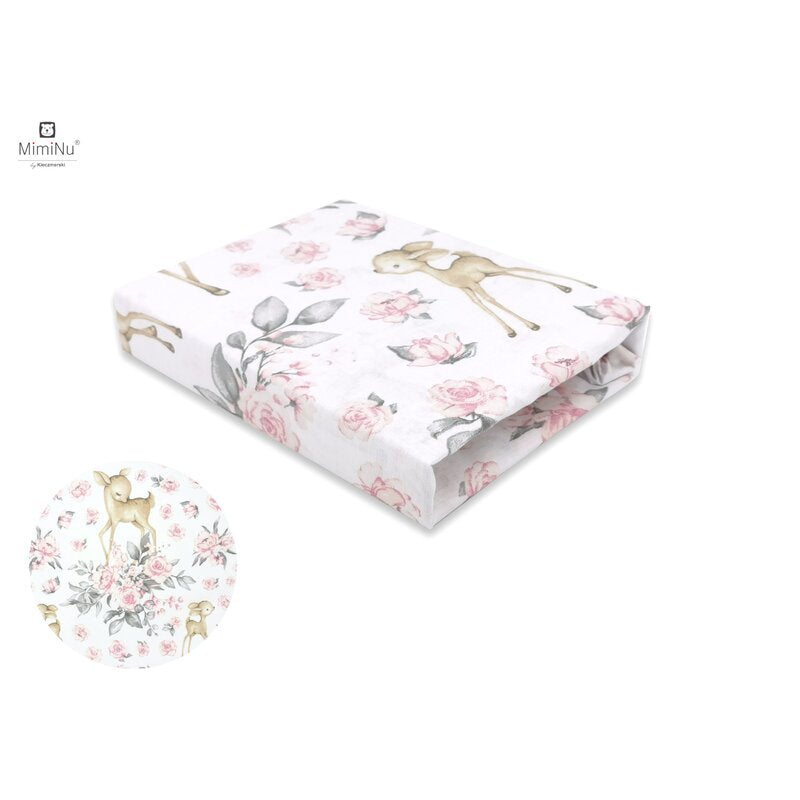 Cearceaf cu elastic, MimiNu, Pentru patut leagan sau patut co-sleeper, Dimensiune 90x40 cm, Din bumbac certificat Oeko Tex Standard 100, Sweet Deer Pink 