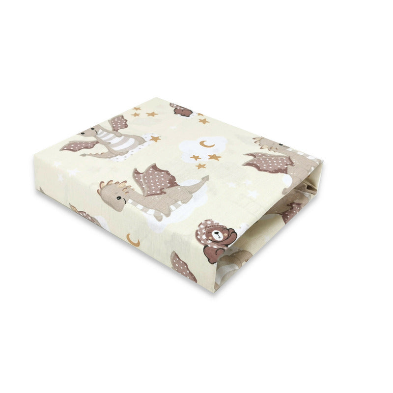 Cearceaf cu elastic, Qmini, Pentru patut 120X60 cm, Din bumbac certificat Oeko Tex Standard 100, Dragons Beige