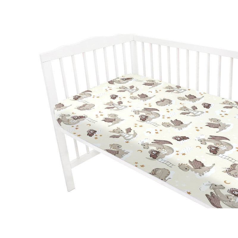 Cearceaf cu elastic, Qmini, Pentru patut 120X60 cm, Din bumbac certificat Oeko Tex Standard 100, Dragons Beige