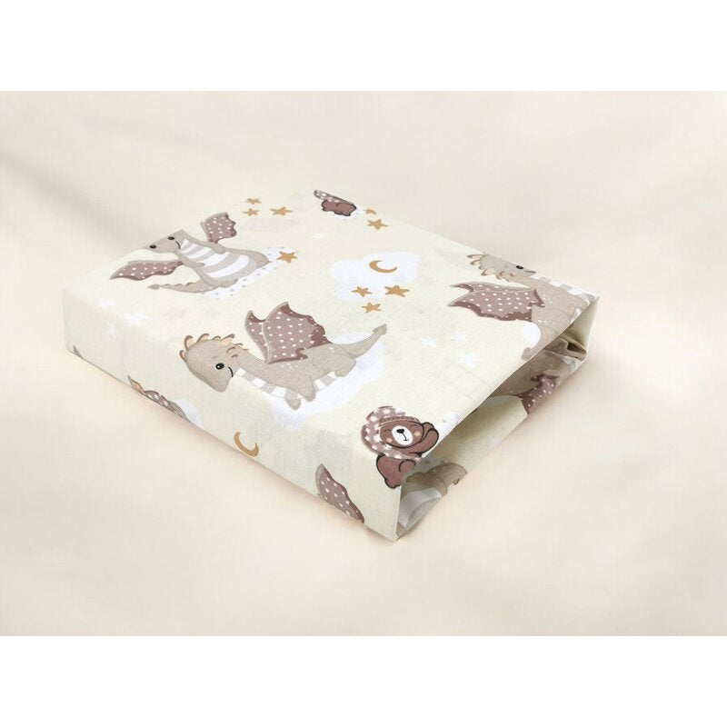 Cearceaf cu elastic, Qmini, Pentru patut 120X60 cm, Din bumbac certificat Oeko Tex Standard 100, Dragons Beige