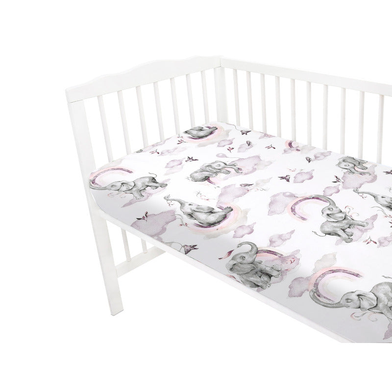 Cearceaf cu elastic, Qmini, Pentru patut 120x60 cm, Din bumbac certificat Oeko Tex Standard 100, Elephants on Rainbow Pink