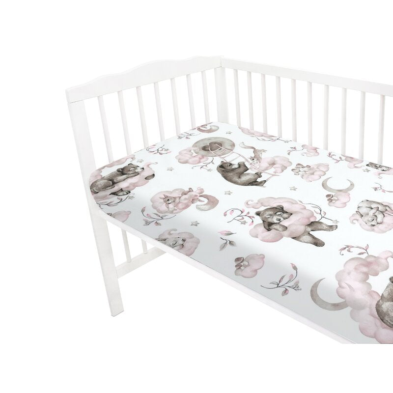 Cearceaf cu elastic Qmini 120x60 cm, Teddy Bear and Friends Pink – prezentare produs