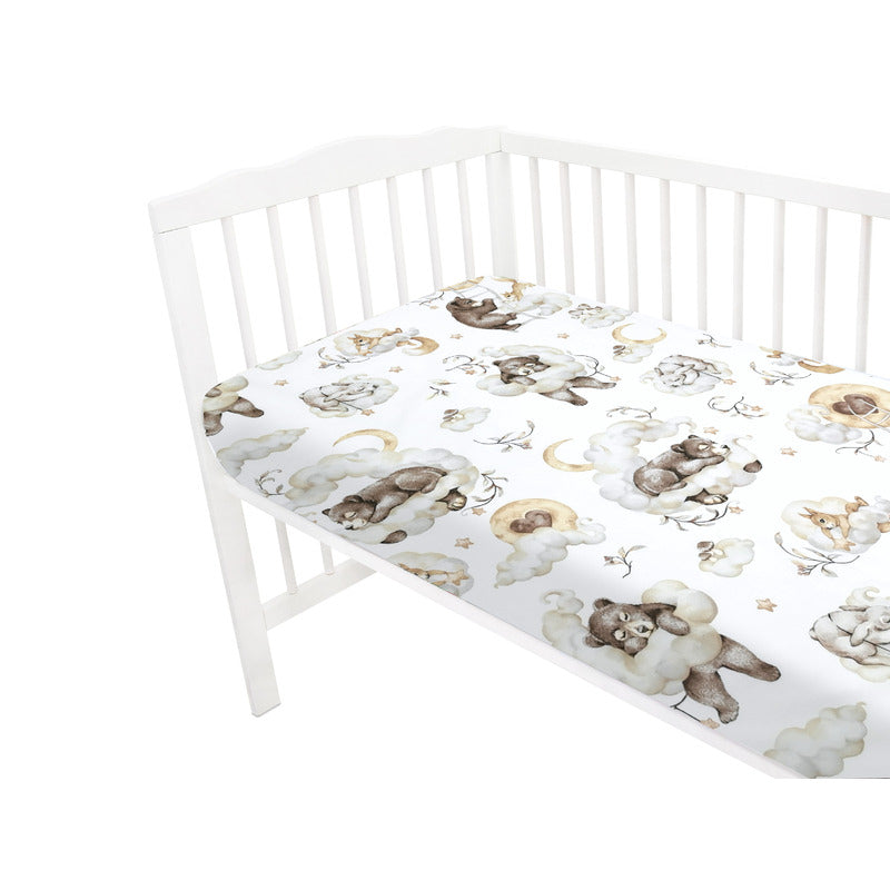 Cearceaf cu elastic, Qmini, Pentru patut 140X70 cm, Din bumbac certificat Oeko Tex Standard 100, Teddy Bear and Friends Beige
