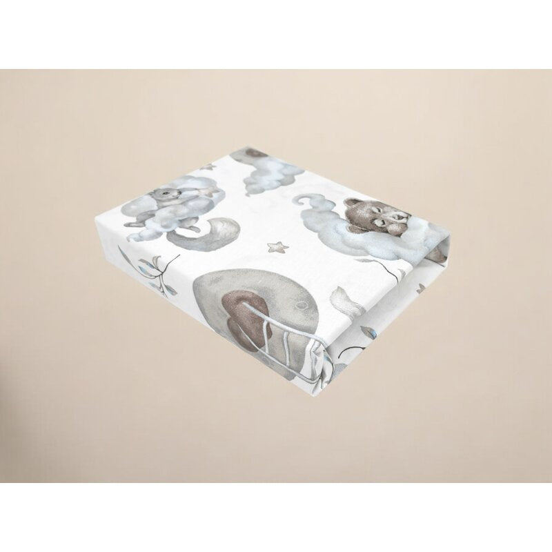 Cearceaf cu elastic, Qmini, Pentru patut co-sleeper, Aurora, Dimensiune 76 x 43 cm, Din bumbac certificat Oeko Tex Standard 100, Teddy Bear and Friends Blue