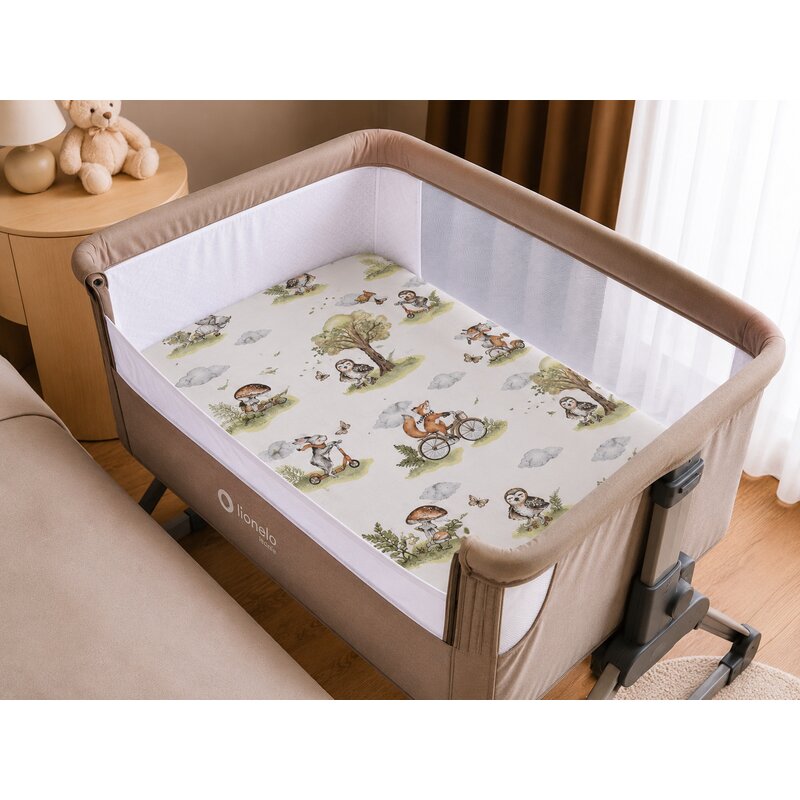 Cearceaf cu elastic, Qmini, Pentru patut co-sleeper, Leonie, Dimensiune 83 x 50 cm, Din bumbac certificat Oeko Tex Standard 100, Fox on bikes Natural