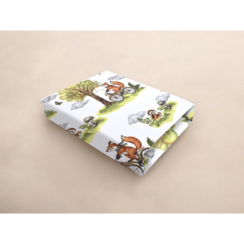 Cearceaf cu elastic, Qmini, Pentru patut co-sleeper, Leonie, Dimensiune 83 x 50 cm, Din bumbac certificat Oeko Tex Standard 100, Fox on bikes Natural