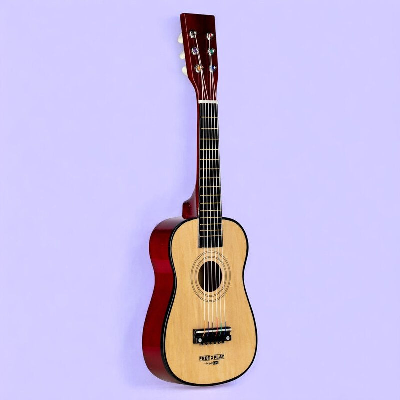 Chitara din lemn, Free2Play, Cu 6 corzi metalice, Dezvolta abilitatile motorii, Stimuleaza auzul si atentia auditiva, 59 cm, 3 ani+, Brown