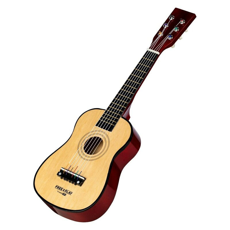 Chitara din lemn, Free2Play, Cu 6 corzi metalice, Dezvolta abilitatile motorii, Stimuleaza auzul si atentia auditiva, 59 cm, 3 ani+, Brown