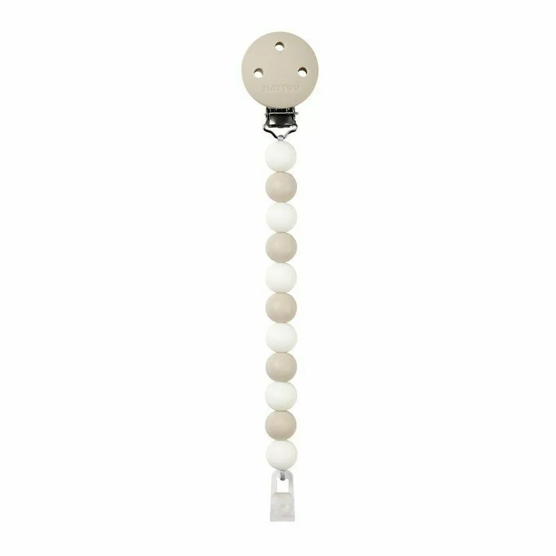 Clema pentru suzeta, Nattou, 100% silicon fara BPA, Cu sistem de prindere la suzeta, Cu margele, 30x7x18 cm, Neutru/Alb