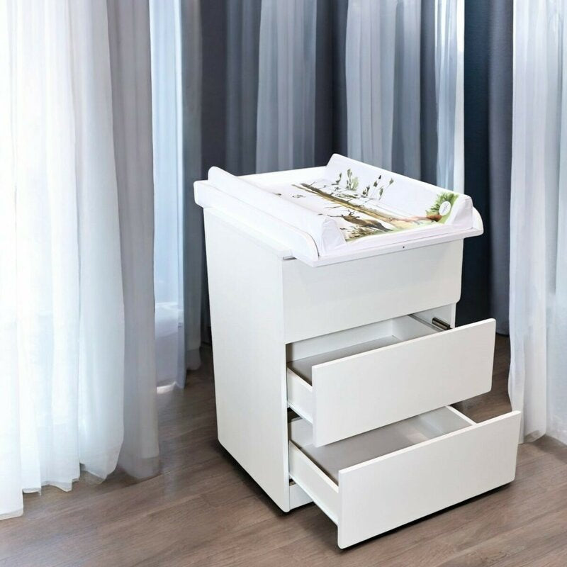 Comodă Qmini Wladi cu masă de înfășat detașabilă, 3 sertare, Alb – imagine 8