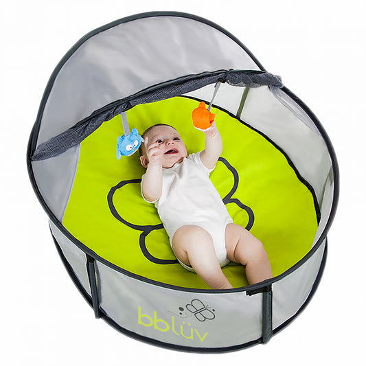 Cort de joaca, BBluv, Nido Mini, Cu plasa de tantari, Anti UV, Cu SPF50, Cu salteluta, Sistem pop-up, Ideal pentru plaja sau parc, Include 2 jucarii, Grey