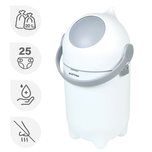 Cos pentru scutece, Nattou, Dropy, Sistem etans impotriva mirosurilor, Compatibil cu saci universali, Operare cu o mana, Potrivit pentru cca 25 scutece, 27 × 27 × 48.5 cm, 20 l, Alb