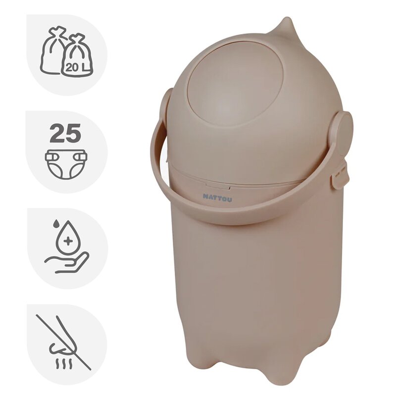 Cos pentru scutece, Nattou, Dropy, Sistem etans impotriva mirosurilor, Compatibil cu saci universali, Operare cu o mana, Potrivit pentru cca 25 scutece, 27 × 27 × 48.5 cm, 20 l, Maro