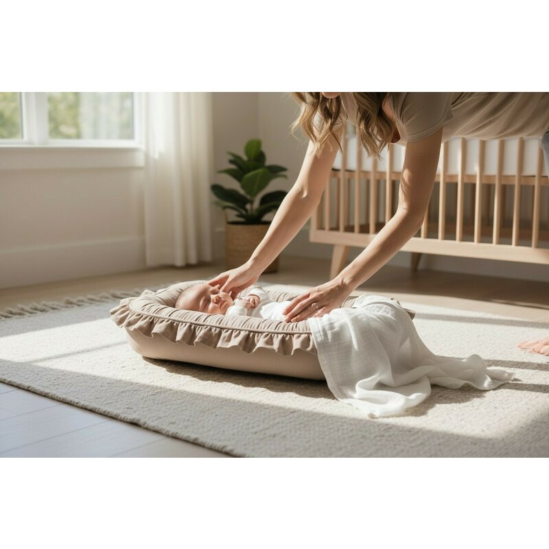 Cosulet bebelus, MimiNu, Pentru dormit, Baby Nest 55 x 75 cm, Cu Volanase, Husa 100% bumbac, Din bumbac certificat Oeko Tex Standard 100, Colectia Royal, Mocha