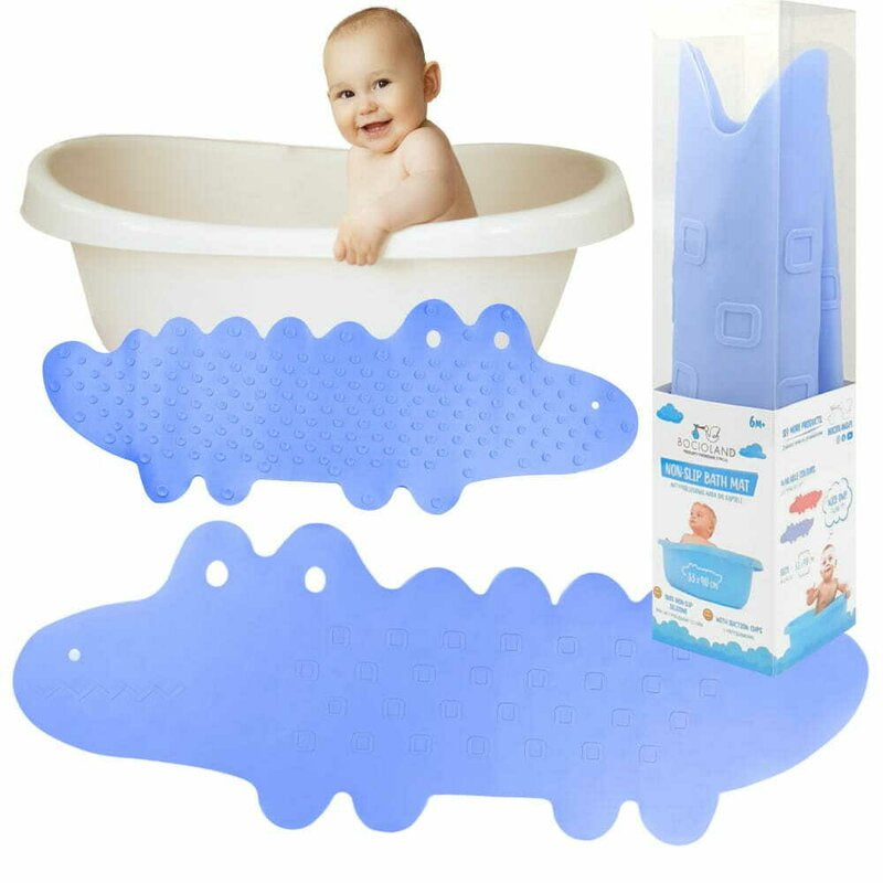 Covoras de baie, Bocioland, Antiderapant, Cu ventuze, Silicon, 33 x 90 cm, Crocodile Blue