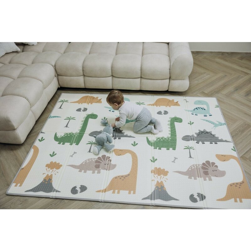 Covoras de joaca, FreeON, Magic Dino, Cu doua fete, Pliabil, Protectie impotriva loviturilor, 200 x 150 cm, Cu Imprimeu pe ambele parti, 0 luni+, Multicolor