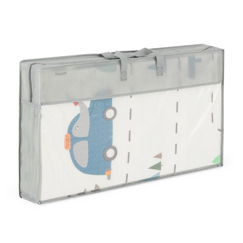 Covoras de joaca, Petite&Mars, Reversibil, Include geanta pentru transport, Pliabil si impermeabil, Non-toxic, 197 x 147 x 1 cm, Campy Cars, 0 luni+, Multicolor