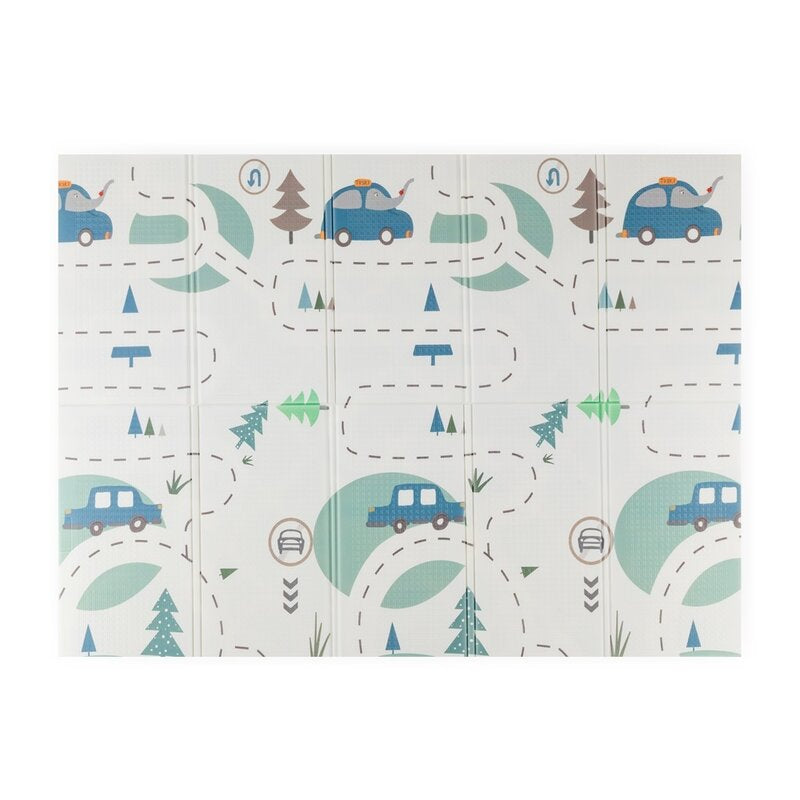 Covoras de joaca, Petite&Mars, Reversibil, Include geanta pentru transport, Pliabil si impermeabil, Non-toxic, 197 x 147 x 1 cm, Campy Cars, 0 luni+, Multicolor