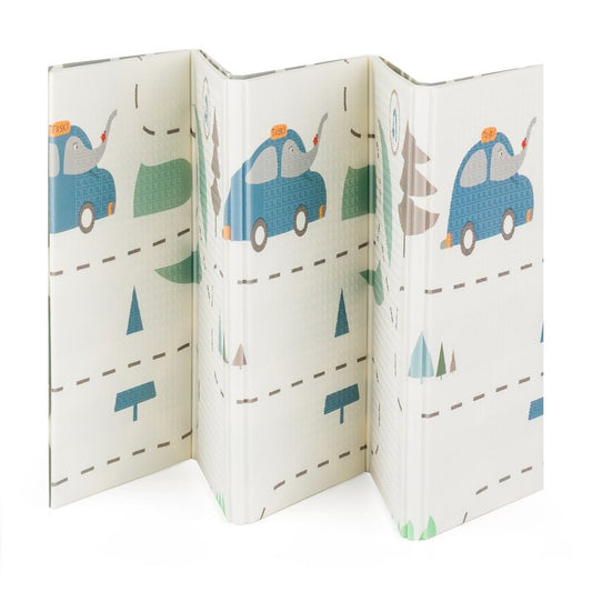 Covoras de joaca, Petite&Mars, Reversibil, Include geanta pentru transport, Pliabil si impermeabil, Non-toxic, 197 x 147 x 1 cm, Campy Cars, 0 luni+, Multicolor