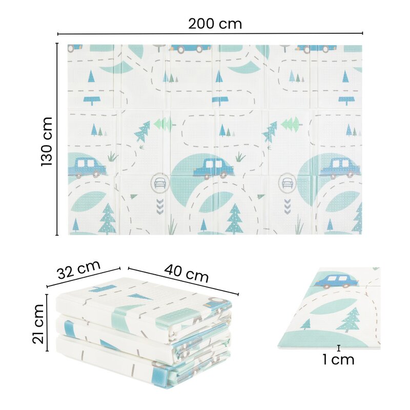 Covoras educativ, Petite&Mars, Campy L, Din spuma XPE non-toxica, Cu doua fete, Suprafata antiderapanta, 130x200 cm, Pliabil compact 40×32×21 cm, Model baloane si forme geometrice