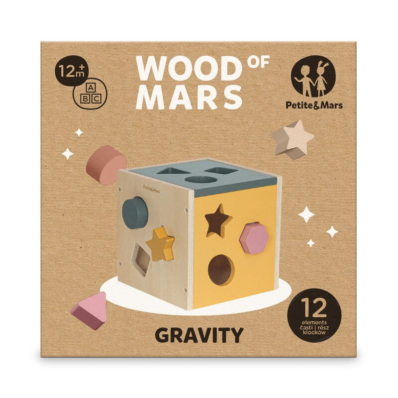 Cub de activitati, Petite&Mars, Gravity Wood of Mars, Cu 12 piese, 12 luni+, Multicolor
