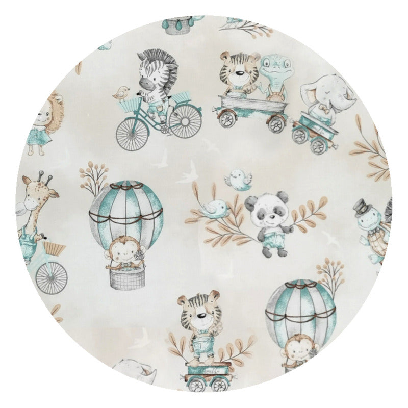 Cutie depozitare jucarii, MimiNu, Set 3 cosuri rotunde cu dimensiuni generoase pentru jucarii, Cu volanase, Dimensiuni 50x35 cm, 35x30 cm, 19x23 cm, Din bumbac certificat Oeko Tex Standard 100, Design, Zoo on Bikes Nugat