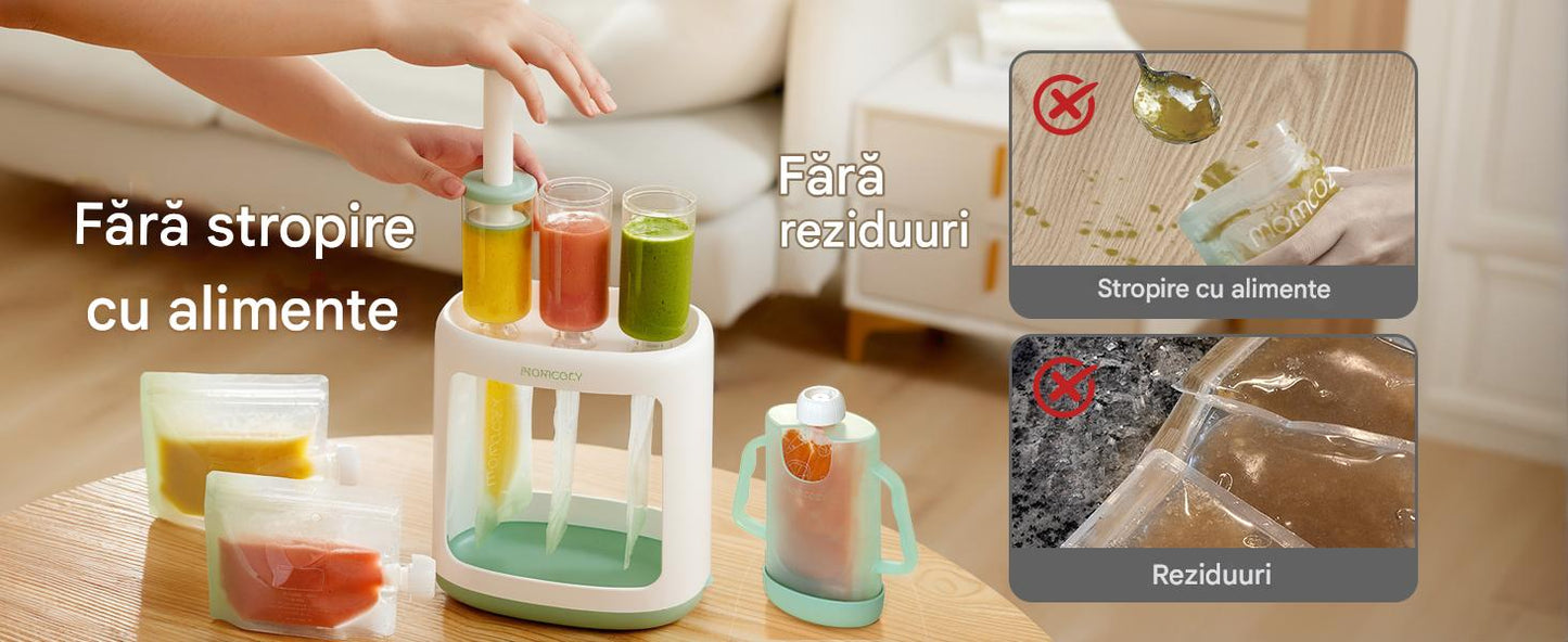 Statie Umplere Pungi Piure Bebelusi Momcozy Fara BPA cu 5 Pungi Reutilizabile