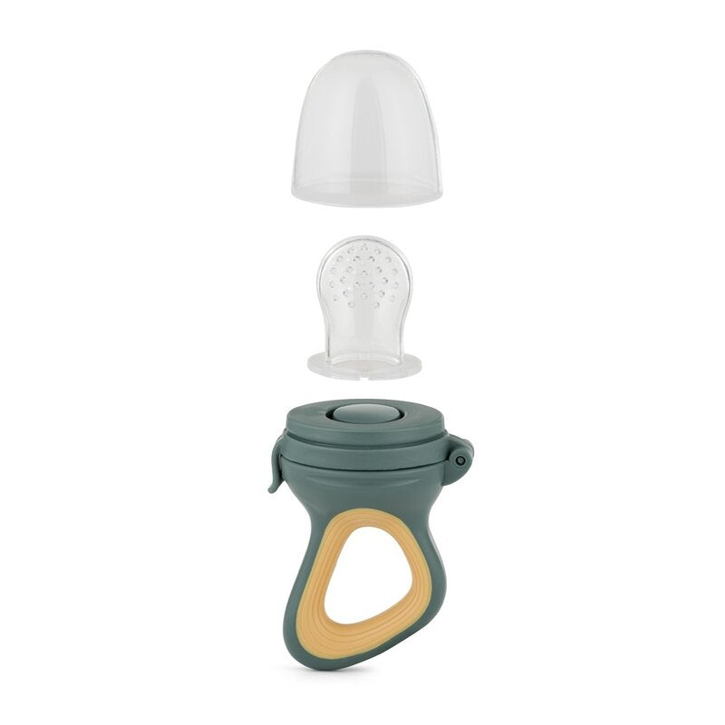 Dispozitiv de hranire, Petite&Mars, Pentru fructe si legume, Include capac de protectie, 6+ luni, Verde/Ocru
