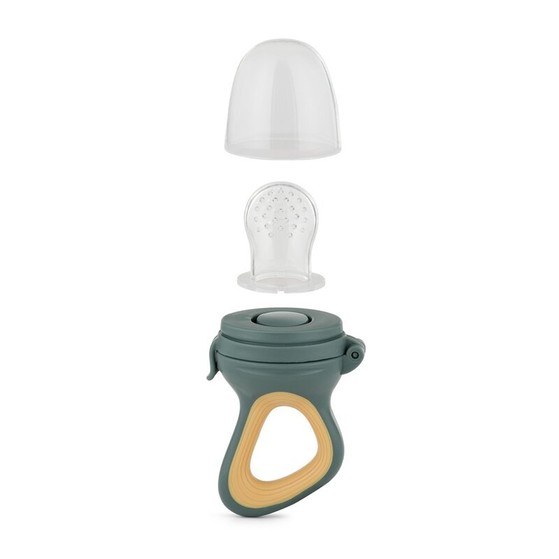 Dispozitiv de hranire, Petite&Mars, Pentru fructe si legume, Include capac de protectie, 6+ luni, Verde/Ocru