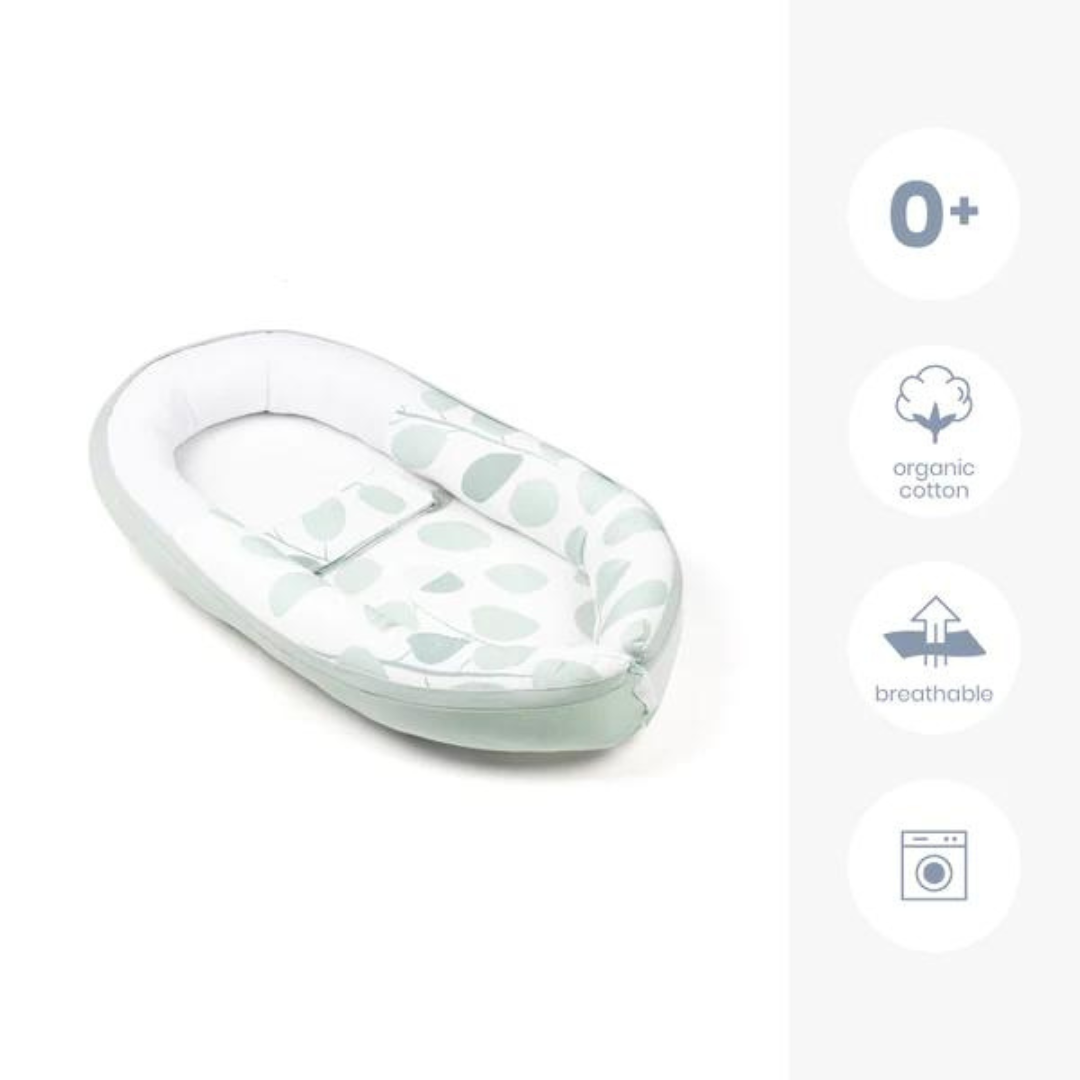 Doomoo - Baby Nest din bumbac organic Cocoon Leaves Aqua Green