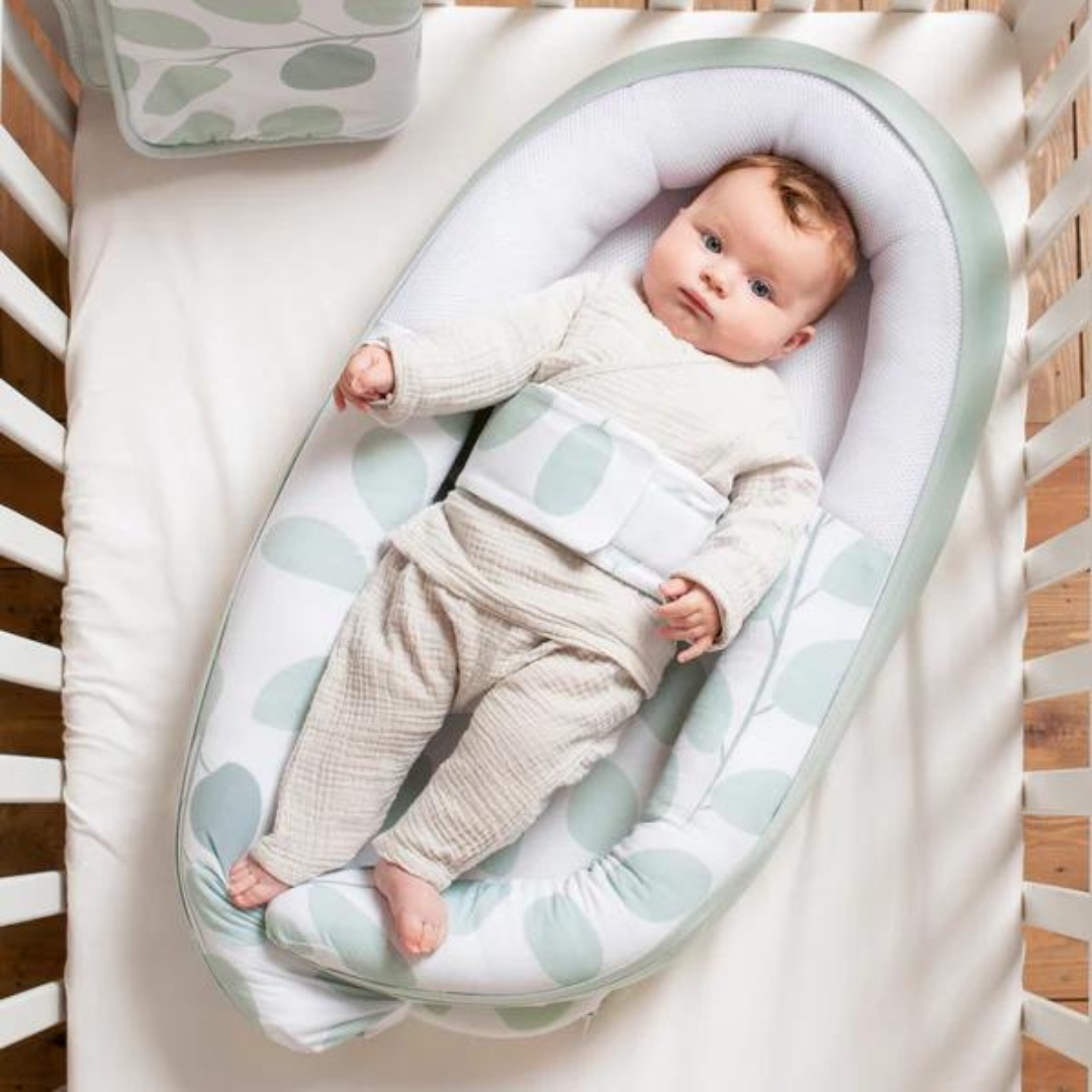 Doomoo - Baby Nest din bumbac organic Cocoon Leaves Aqua Green