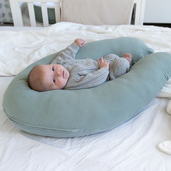 Doomoo - Perna mare 3 in 1 Comfy Big Tetra Green din bumbac organic: perna gravide, suport pentru hranire, suport pentru bebe