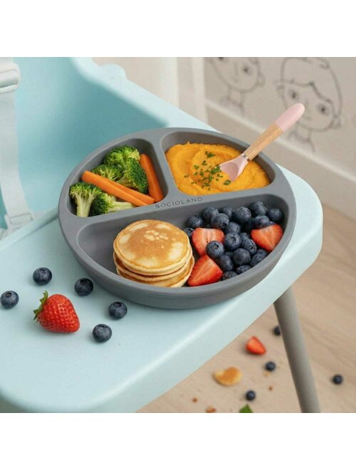 Farfurie Compartimentată Bocioland Silicon 3 Compartimente Ventuze BPA Free 6-36 Luni Dark Grey