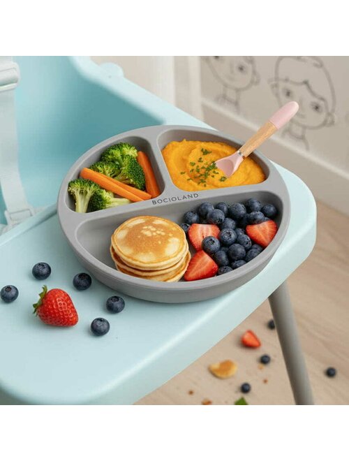 Farfurie Compartimentată Bocioland Silicon 3 Compartimente Ventuze BPA Free 6-36 Luni Gray